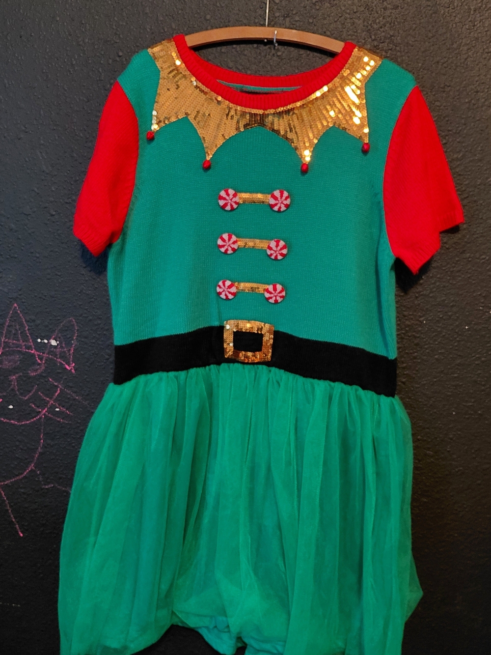 🎆 Red and Green Sequin-Trim Holiday Elf Dress NWT XL